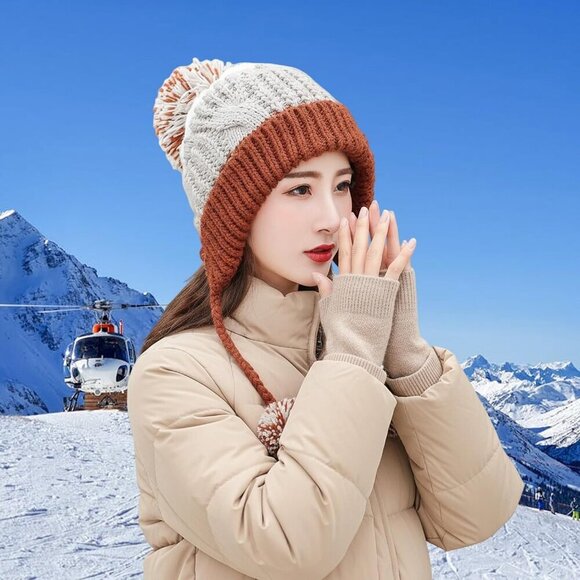 Women Khaki Winter Peruvian Cover Ears Beanie Hat Ear Flaps Sherpa Ski Snow